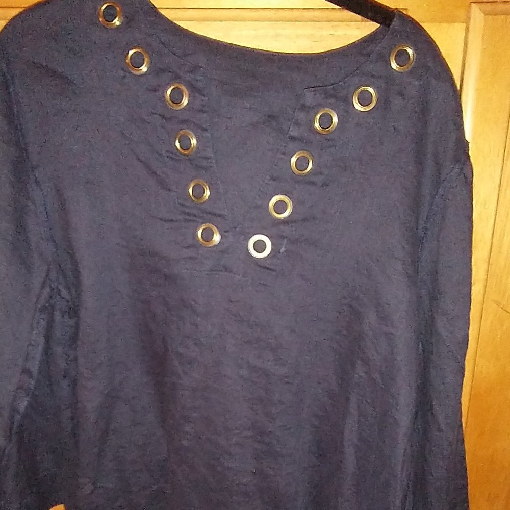 OSO Casuals linen navy 3/4 sleeve V neck top sz L